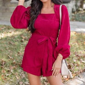 CREATING ROMANCE MERLOT CORDED BELTED LONG SLEEVE ROMPER- Large